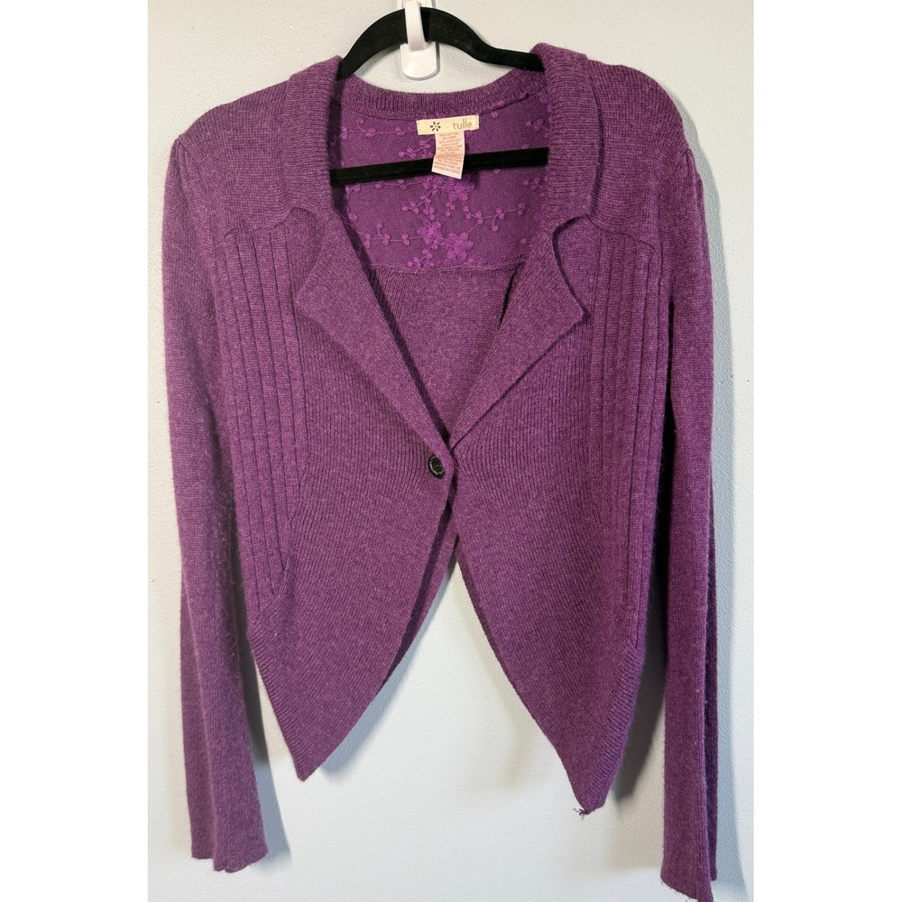 Tulle Women Wool Angora Cardigan Purple Lace Back Cutaway Hem Ribbed Knit Size M